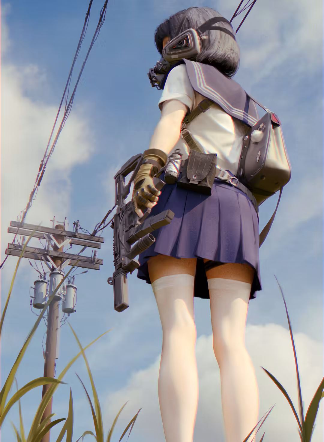 Anime-style tactical operative in purple and white outfit with goggles and weapon, standing against cloudy sky with power lin