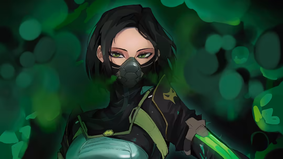 Anime-style character Viper from Valorant wearing a black tactical suit with a gas mask and glowing green eyes against a blur