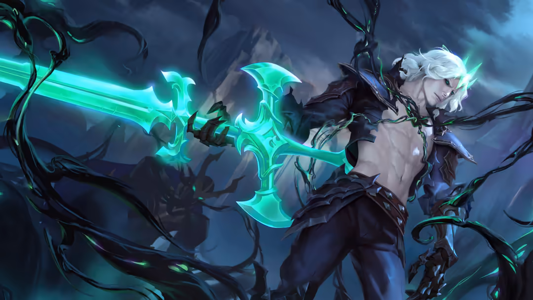 Viego the Ruined King wielding a glowing neon green spectral blade surrounded by dark ethereal chains in a mystical stormy at