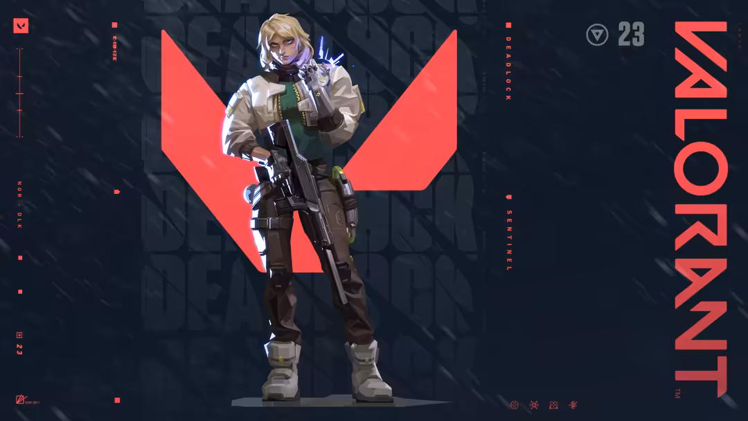 Blonde tactical agent in brown tactical gear holding assault rifle with red V logo background in dark cyberpunk style