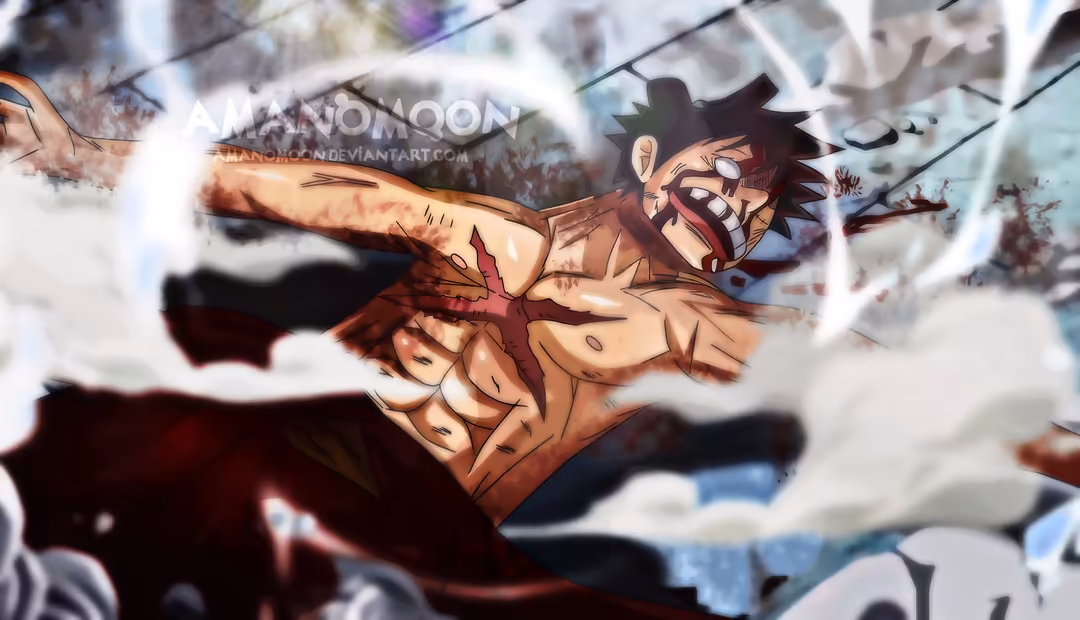 Anime character Monkey D. Luffy in dynamic fighting stance with intense expression and energy effects surrounding him in batt