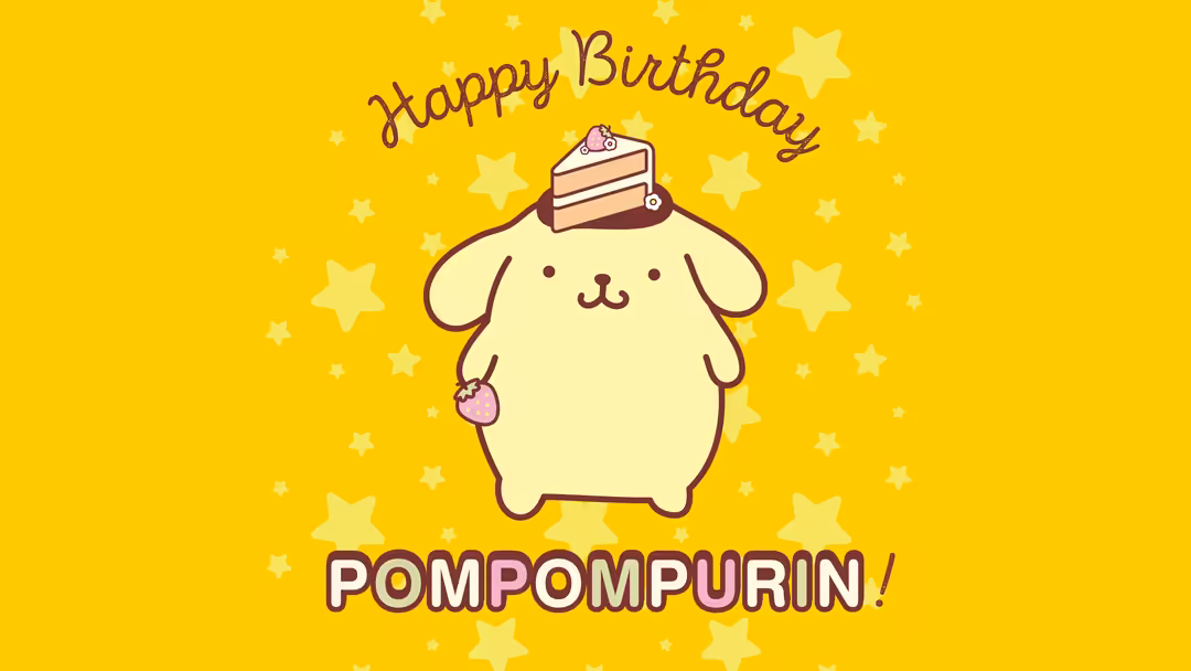Cute cartoon puppy wearing a cake slice on its head with pink heart accessories, surrounded by yellow stars against a bright