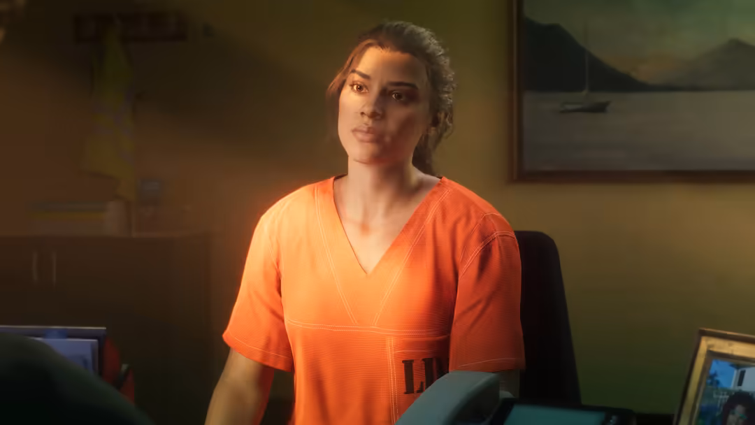 Woman in bright orange prison outfit sitting indoors with warm atmospheric lighting and framed artwork on walls in background