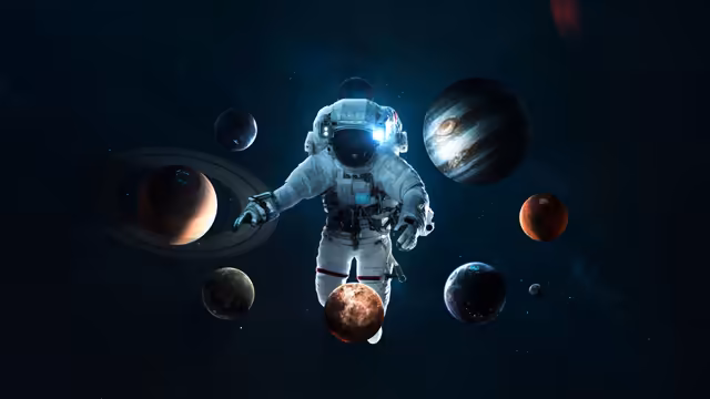 Astronaut Floating Among Planets