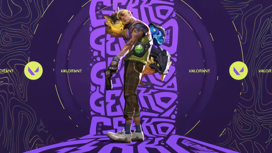 Gekko from Valorant stands in dynamic pose against purple neon background with glowing yellow accents and geometric patterns