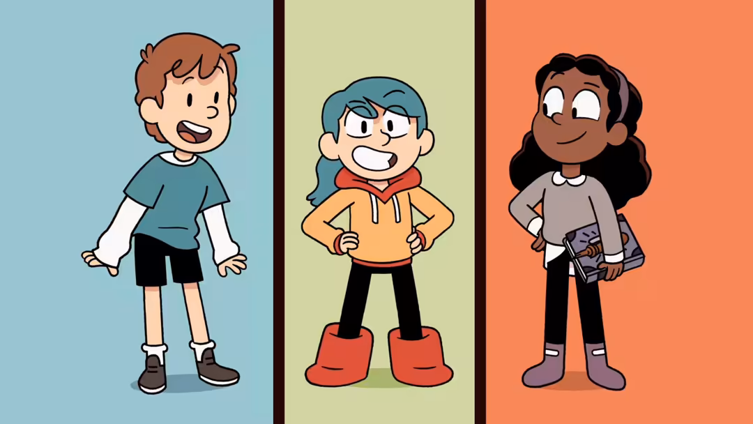 Three cheerful cartoon characters with different ethnicities standing together against colorful backgrounds, representing fri