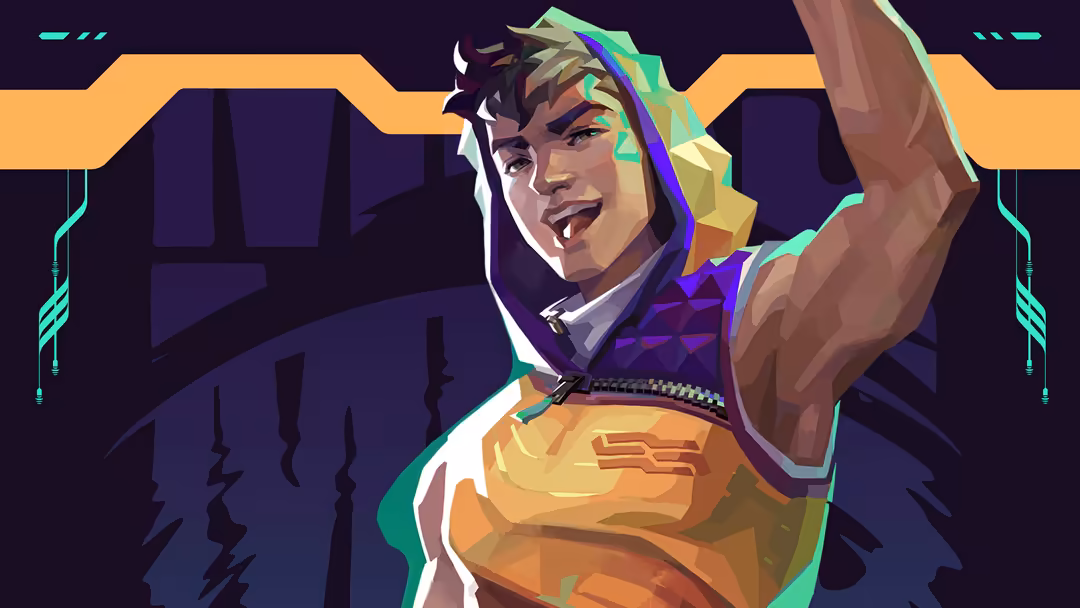 Colorful neon portrait of Miks, a Valorant agent, with vibrant cyan and orange cyberpunk aesthetic against dark purple backgr