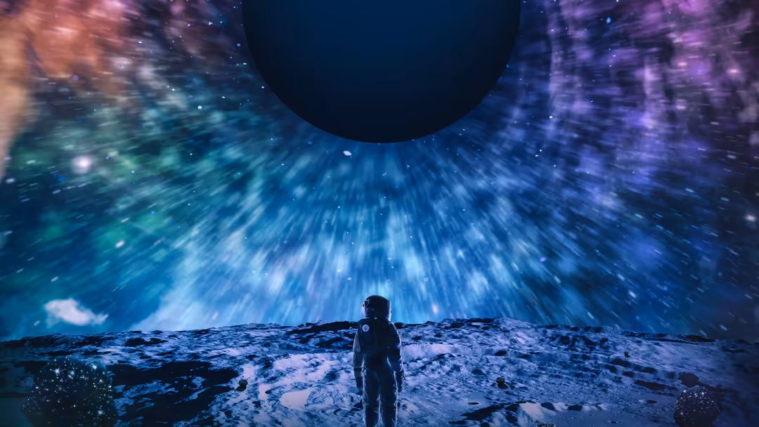 Astronaut in spacesuit standing on rocky alien terrain beneath a massive planet and colorful cosmic aurora lights in the sky