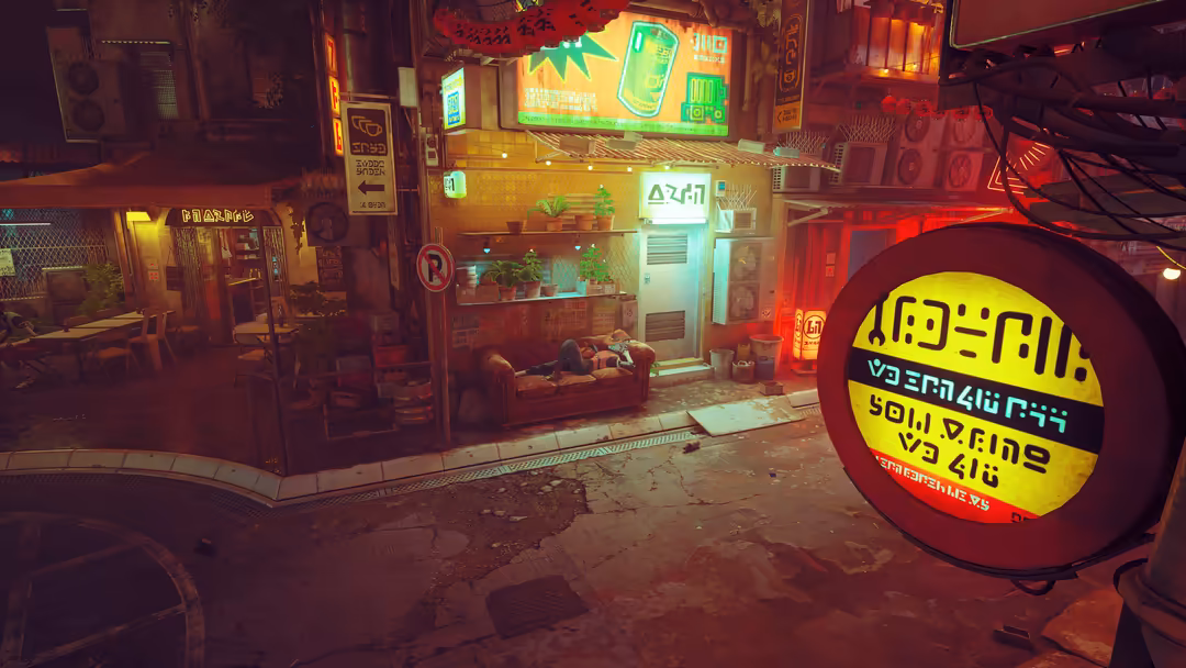 Vibrant neon signs illuminate a narrow Asian street at night, with yellow and red glowing characters and storefront displays