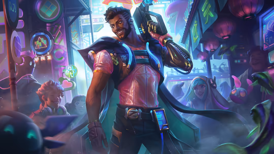 A cyberpunk warrior in neon-lit armor wields advanced weapons in a futuristic cityscape filled with glowing signs and hologra