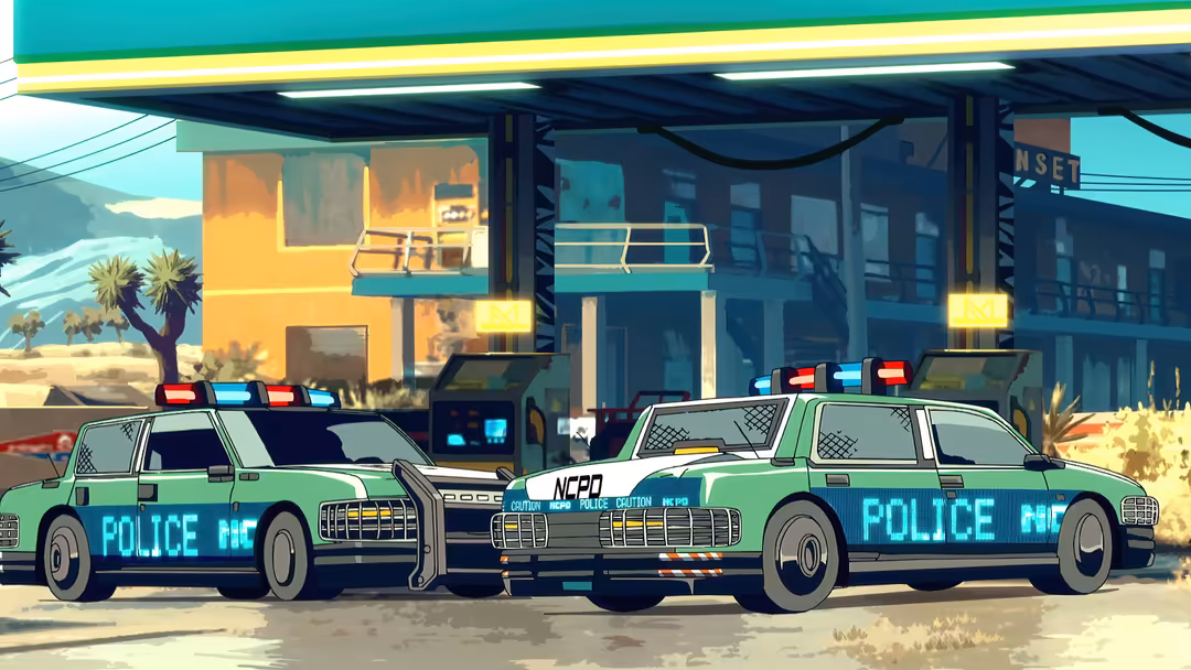 Futuristic neon-lit police cruisers parked outside a cyberpunk desert station with glowing cyan and green details on sleek ve