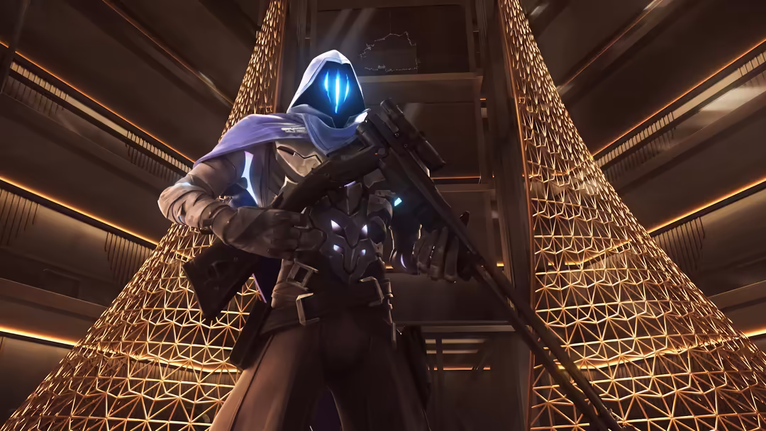 Omen, a masked agent in futuristic armor with glowing blue visor, holds an advanced weapon in a high-tech corridor with golde