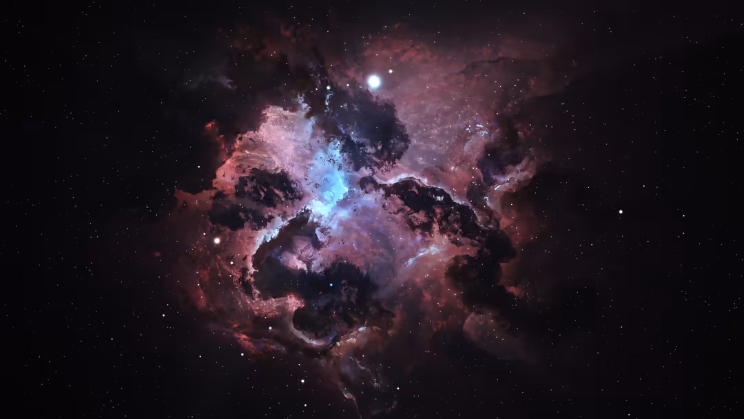 Colorful cosmic nebula with swirling pink and blue gases, dark dust clouds, and bright stars scattered across deep space