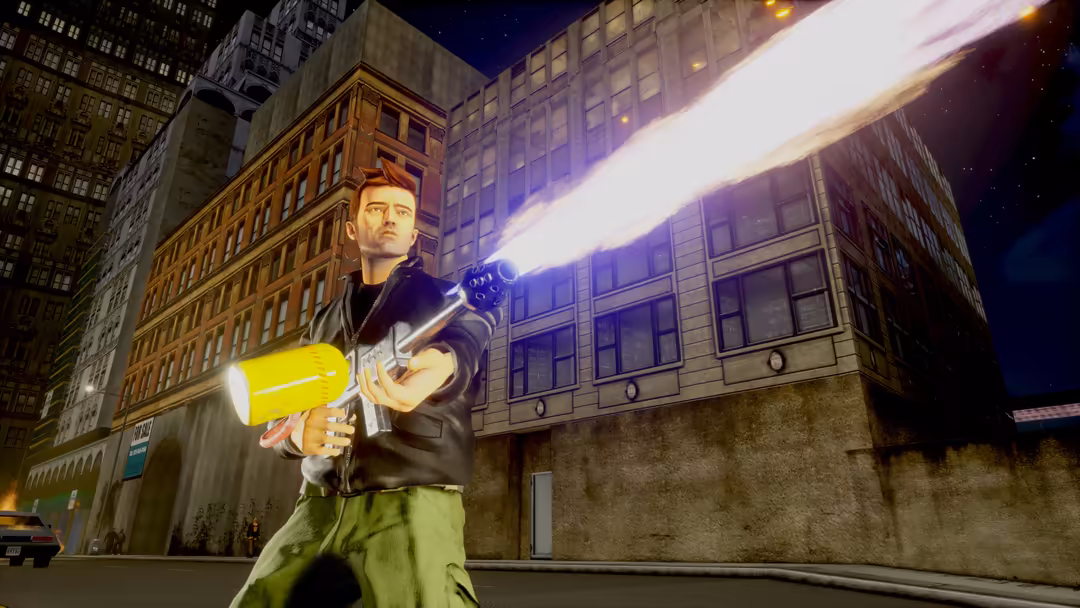 Man in black jacket holding glowing yellow weapon in neon-lit urban street with towering buildings at night