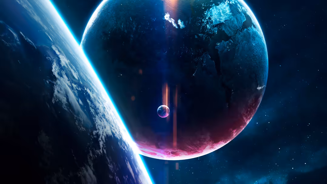 Two glowing planets with neon blue and pink light in a starfield, featuring a smaller celestial body between them in deep spa