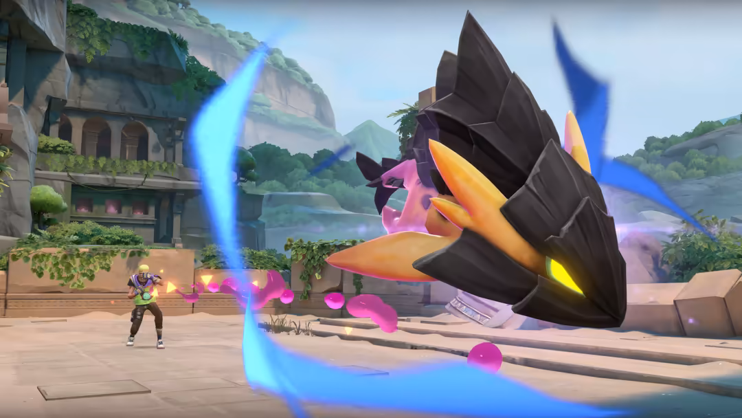 Valorant character Gekko unleashing a thrash ability with vibrant magenta and blue energy effects in a detailed stone courtya