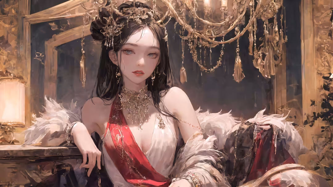 Elegant woman in red and white dress with golden jewelry in ornate palace with warm amber lighting and dark background