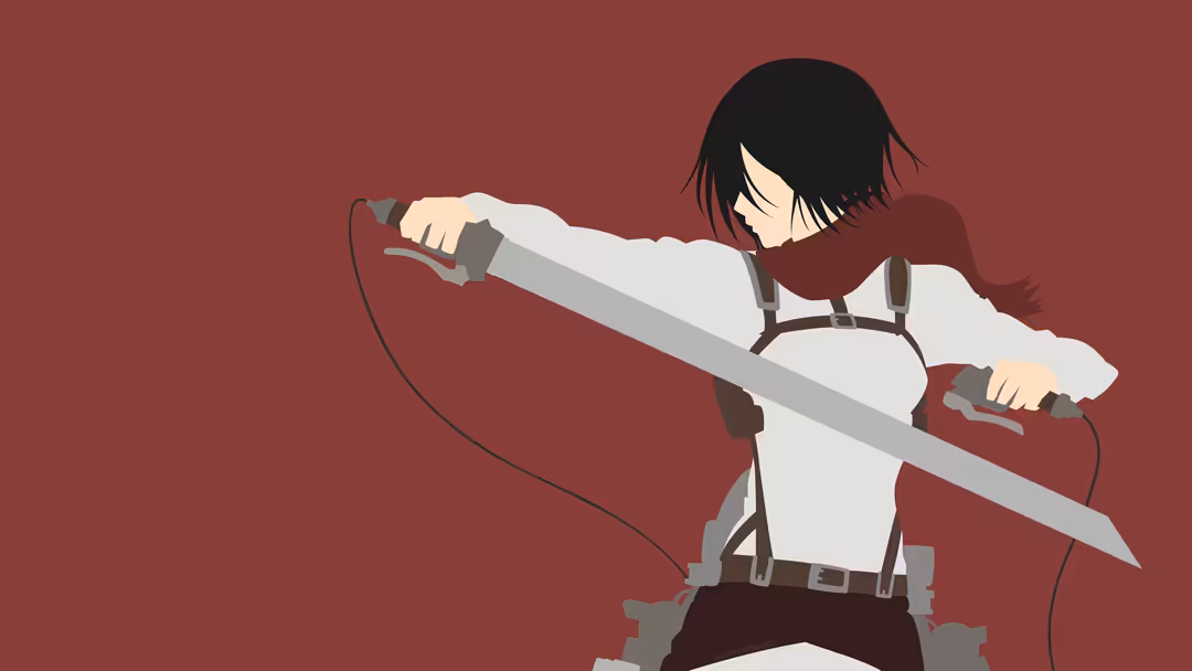 Mikasa Ackerman in white shirt and burgundy cloak wielding a large sword in action pose against deep red background