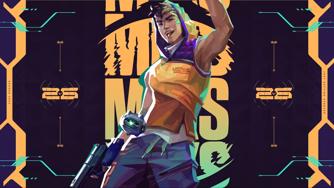 Miks Valorant character in neon cyberpunk style with glowing green accents, wielding a futuristic weapon against dark abstrac