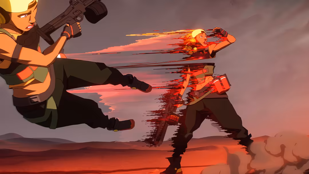 Animated character Raze from Valorant in dynamic action pose with weapons against fiery red sunset background, digital art st