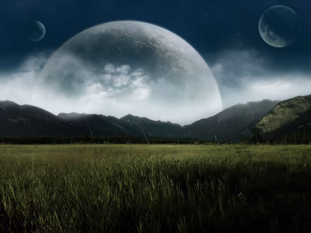 Massive alien planet looming above a lush green valley with dark forested mountains under a teal starry sky and smaller moons