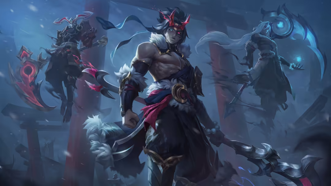 Dark fantasy warrior character with horns and white hair, surrounded by mystical allies in a moody blue atmosphere with magic