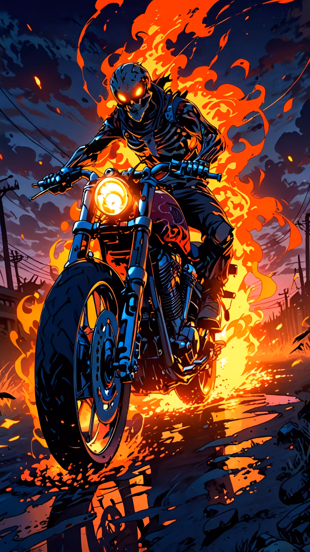 Skeleton rider on flaming motorcycle with glowing eyes against explosive orange and blue fire backdrop in dark cyberpunk styl