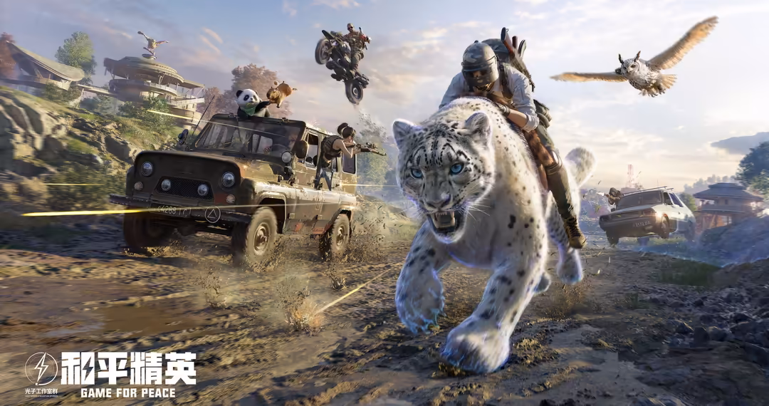 PUBG game scene with white tiger, military vehicles, soldiers, and flying owl in dynamic outdoor landscape with mountains and