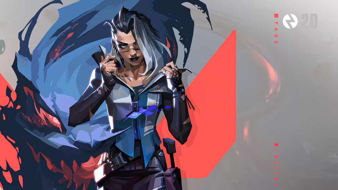 Valorant agent Fade in dynamic pose with blue and red energy effects, wearing dark tactical gear and glasses, dramatic lighti