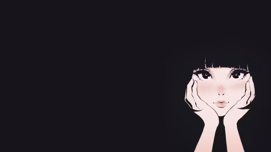 Minimalist illustration of a cute anime girl with short dark hair and large eyes, resting her face on her hands against a dar
