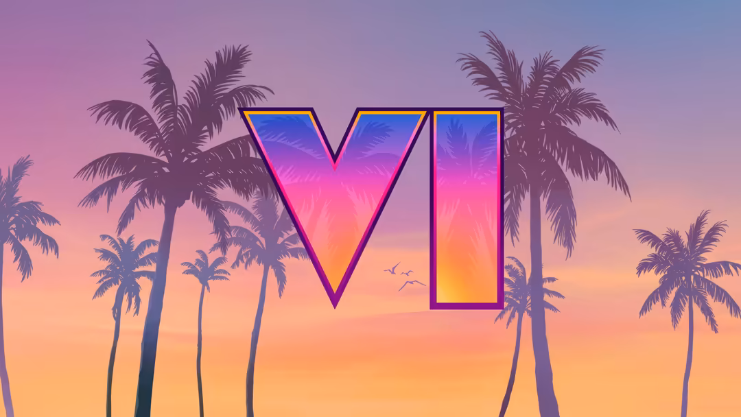 Bold neon gradient letters spelling GTA VI with vibrant pink, purple, and orange colors, silhouetted palm trees at sunset