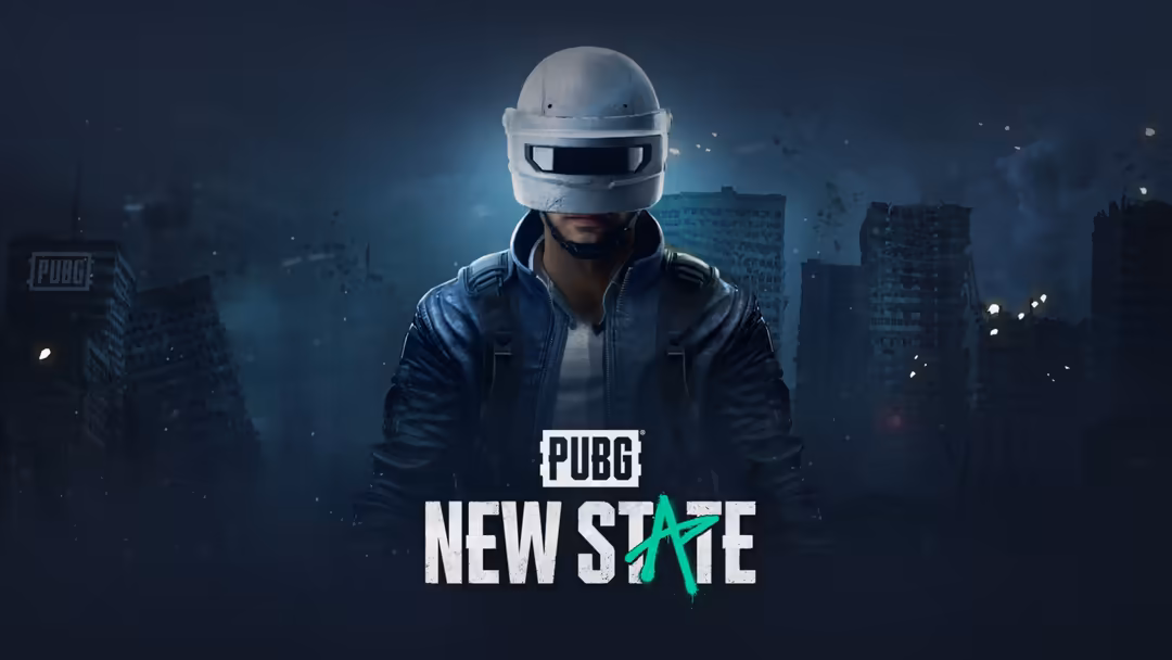 Futuristic soldier in white tactical helmet and dark jacket stands against neon-lit urban cityscape with PUBG New State brand