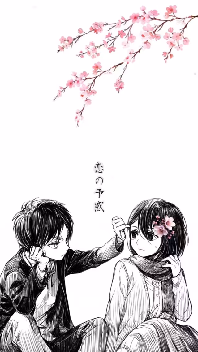 Black and white sketch of Eren Yeager tucking a flower into Mikasa Ackerman's hair under a pink cherry blossom branch on a white background.