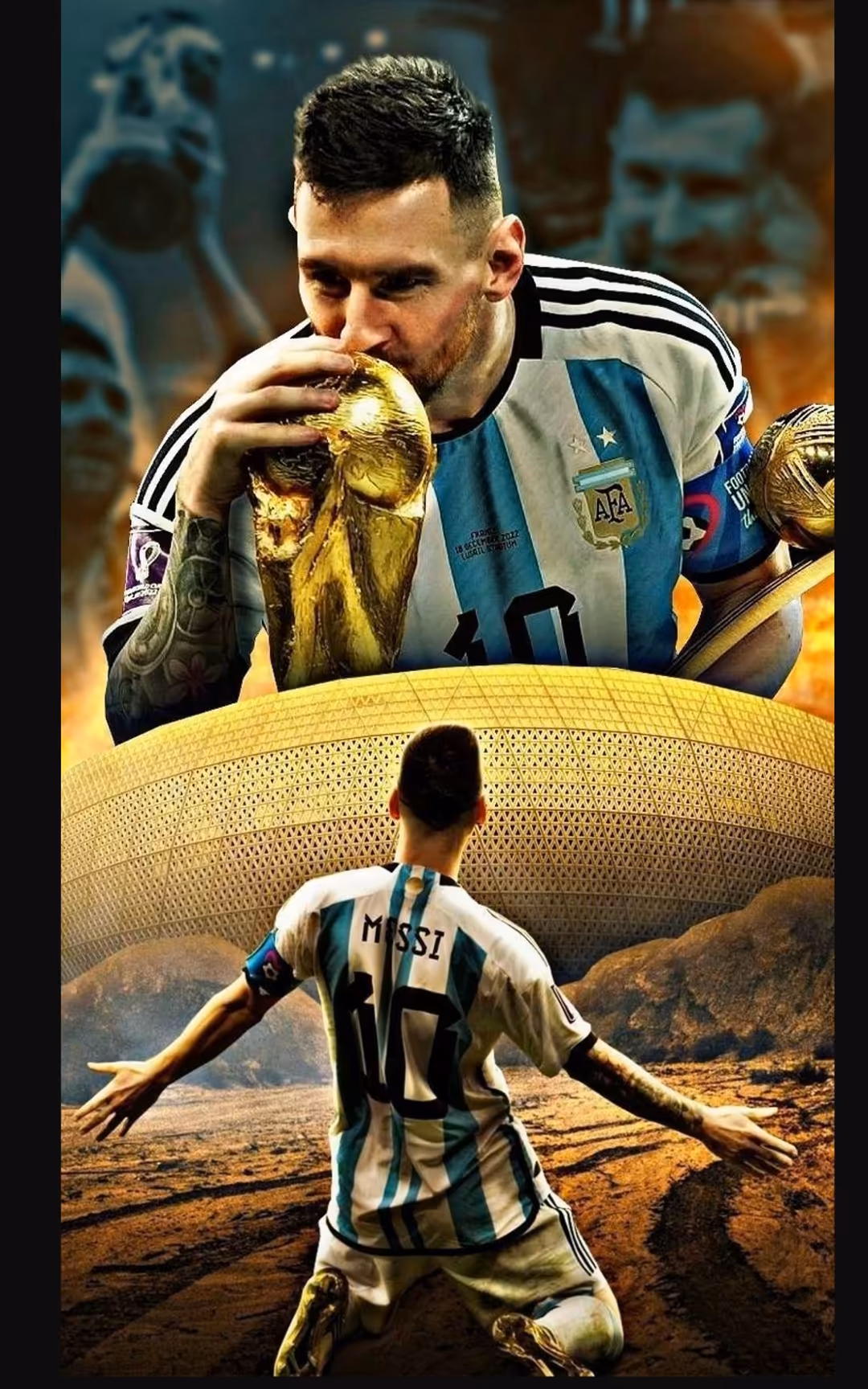 Soccer player in blue and white striped jersey kissing golden FIFA World Cup trophy with dramatic desert landscape background