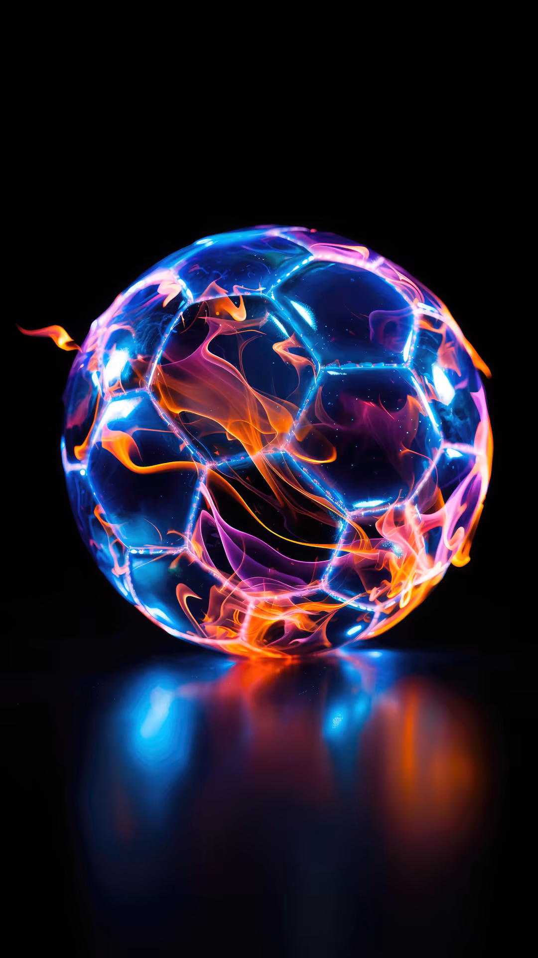Vibrant neon sphere with electric blue, pink, and orange plasma energy crackling across its surface against black background