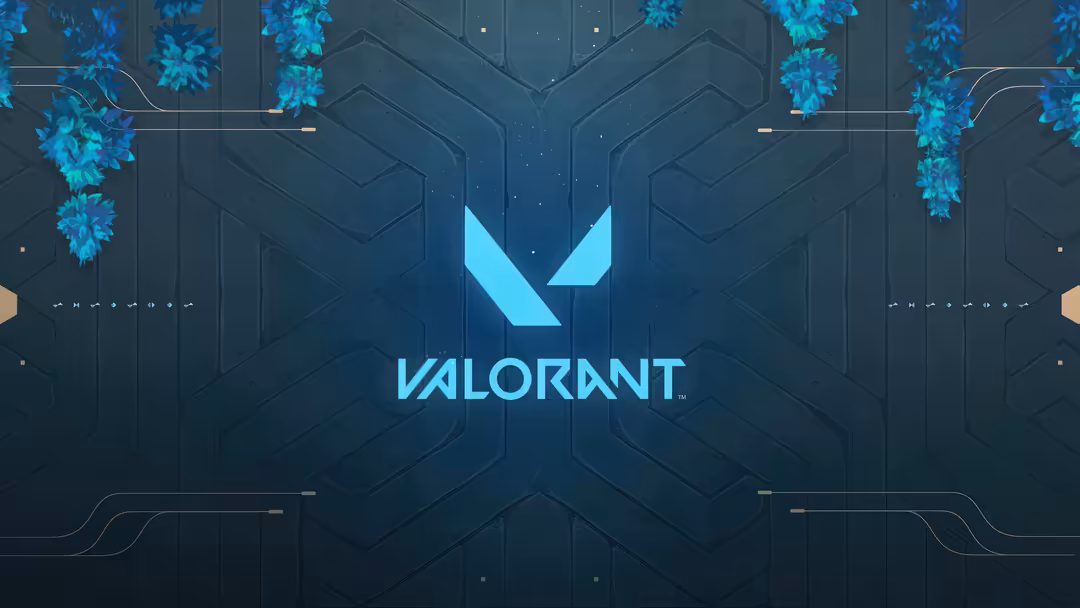 Valorant gaming logo with glowing cyan V symbol on dark tech background with blue floral accents and circuit patterns