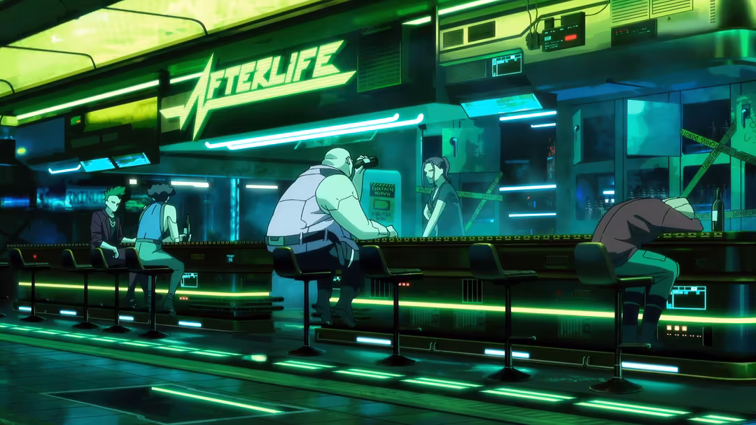 Animated cyberpunk bar scene with glowing green neon signs, characters at counter, illuminated ceiling panels, and futuristic