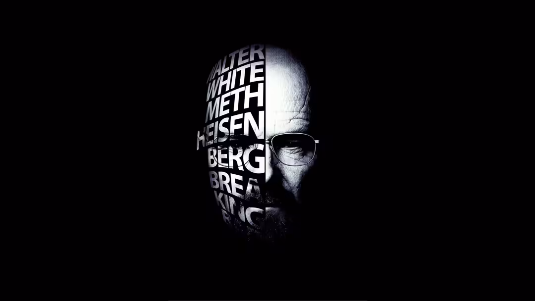Silhouette portrait of Walter White with character names overlaid in white text against a black background, wearing iconic gl