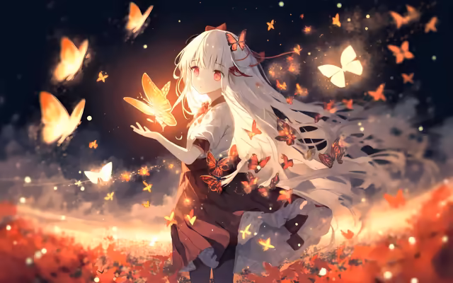 Anime Girl With Glowing Butterflies