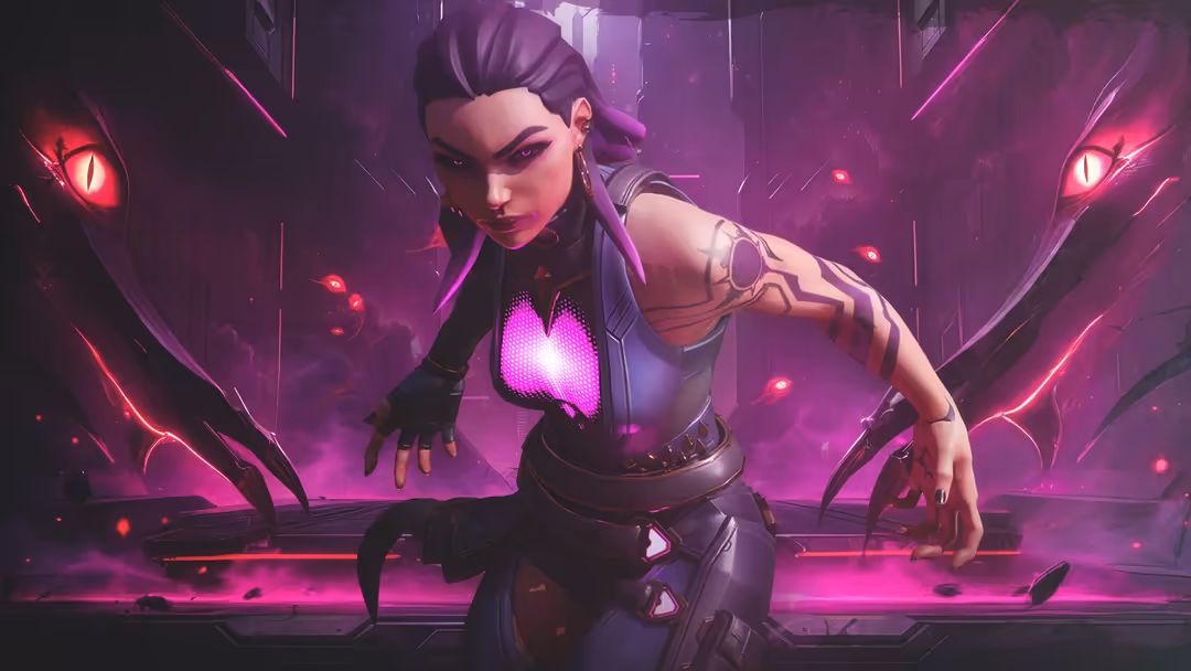 Reyna from Valorant in neon cyberpunk style with glowing magenta lights, futuristic tech outfit, and fierce expression