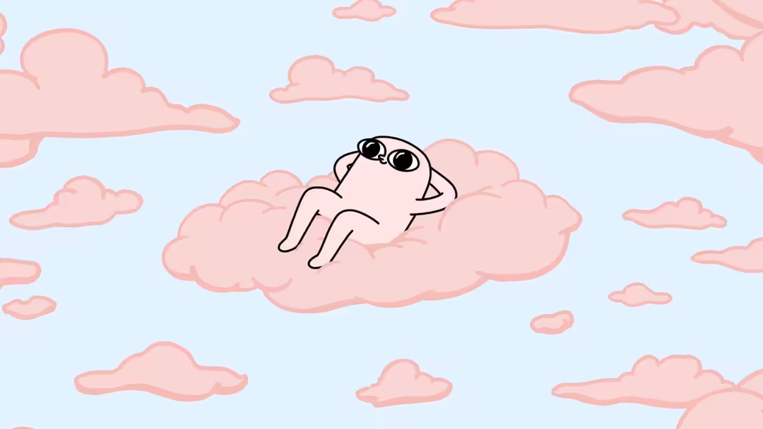 Minimalist character with big eyes lounging on a pink cloud surrounded by smaller clouds in a light blue sky