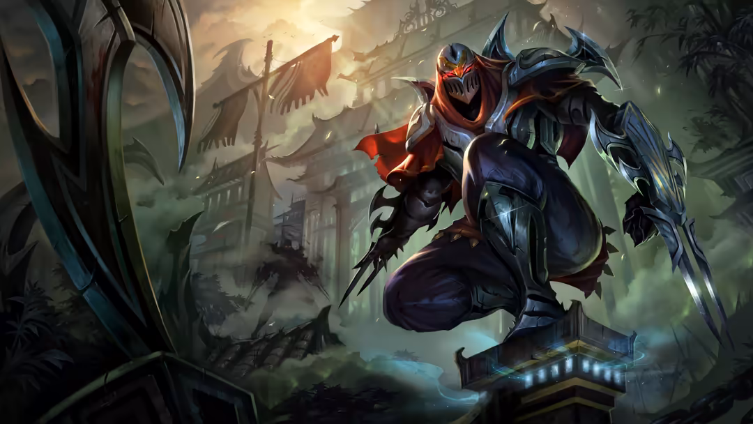 Armored warrior in red cape and dark armor wielding blades in misty, overgrown fantasy city landscape