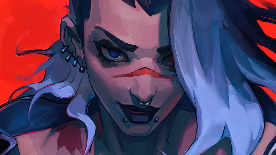 Animated character portrait of Fade from Valorant with striking blue eyes, silver hair, and neon red and blue lighting effect