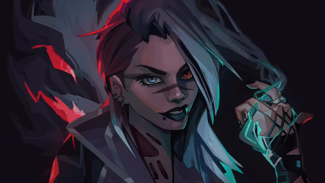 Digital illustration of Fade from Valorant with neon red and green glowing effects, dark moody atmosphere, cyberpunk aestheti