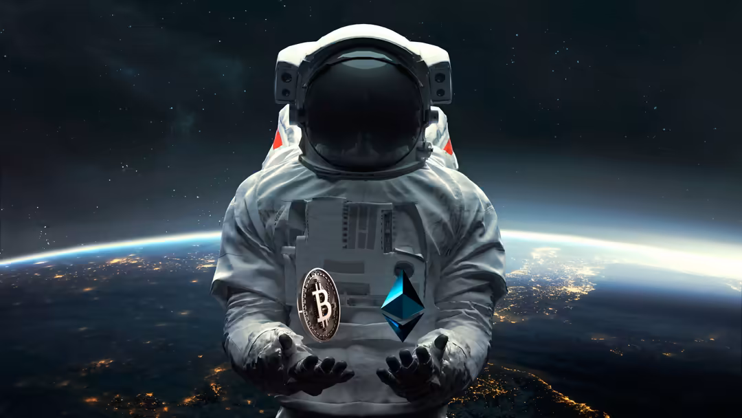 Astronaut floating in space above Earth wearing a suit decorated with Bitcoin and Ethereum symbols against a starry cosmic ba