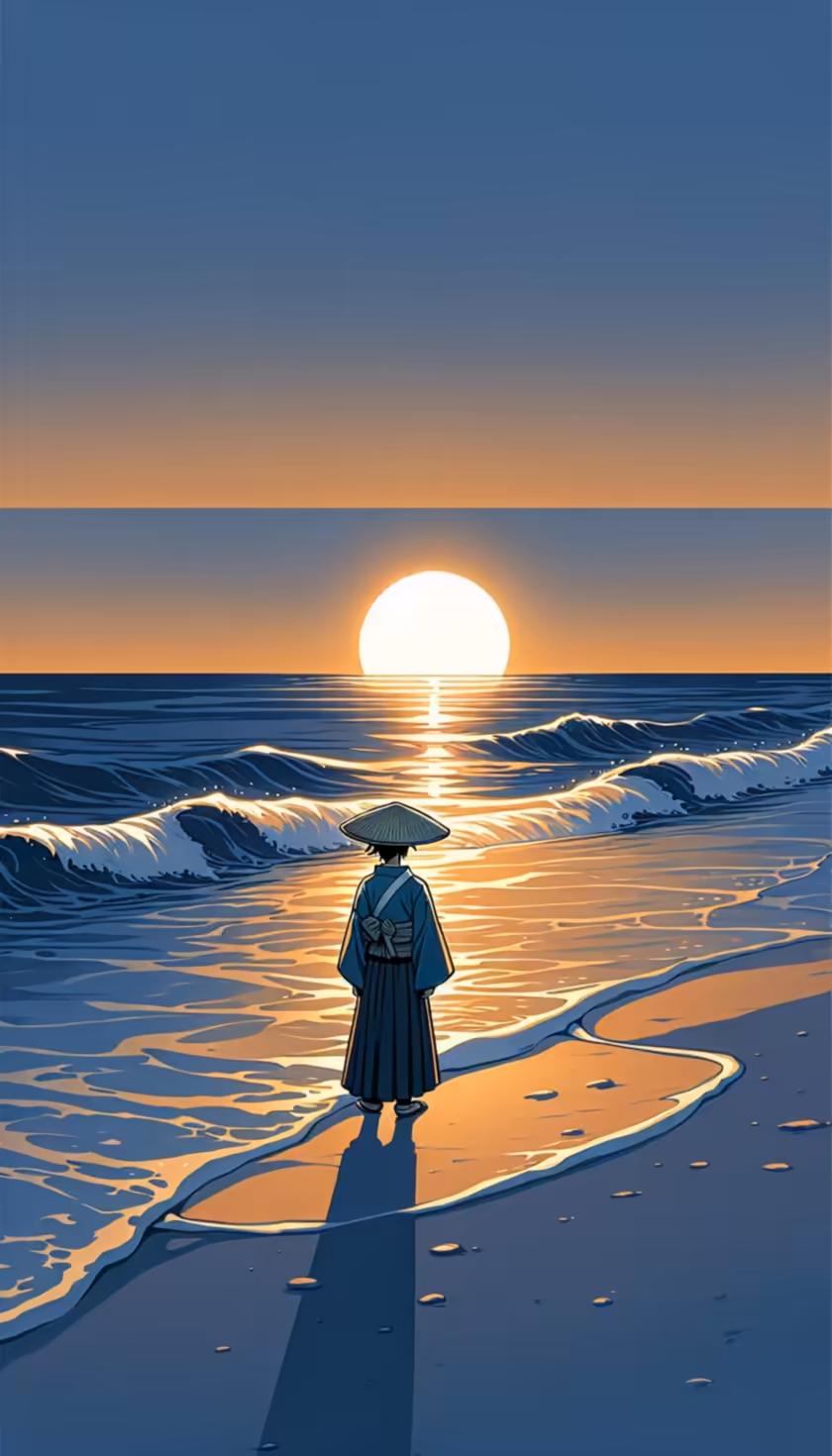 Samurai Watching Ocean Sunset — vertical beaches HD wallpaper