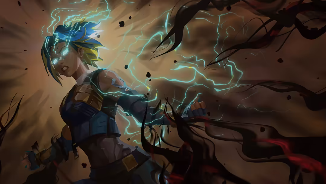 Anime character with glowing blue neon hair and armor surrounded by electric cyan lightning bolts on brown textured backgroun
