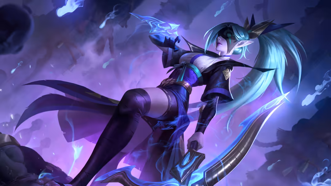 Animated character Vayne with glowing purple aura, ethereal blue hair, wielding magical crossbow against mystical background