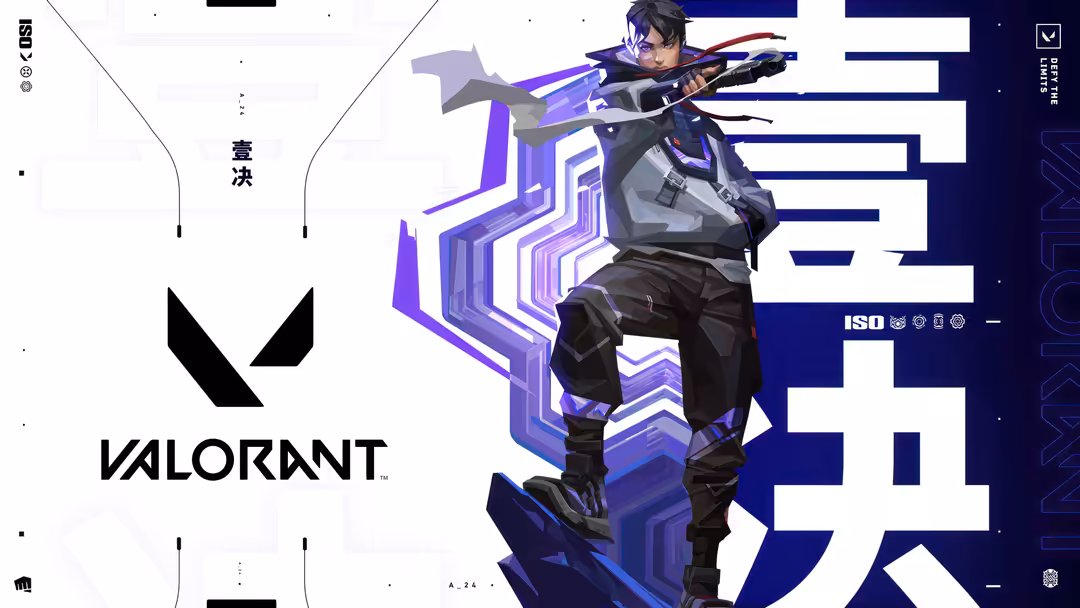 Iso character from Valorant game standing in dynamic pose with purple neon geometric patterns and glowing effects on dark blu