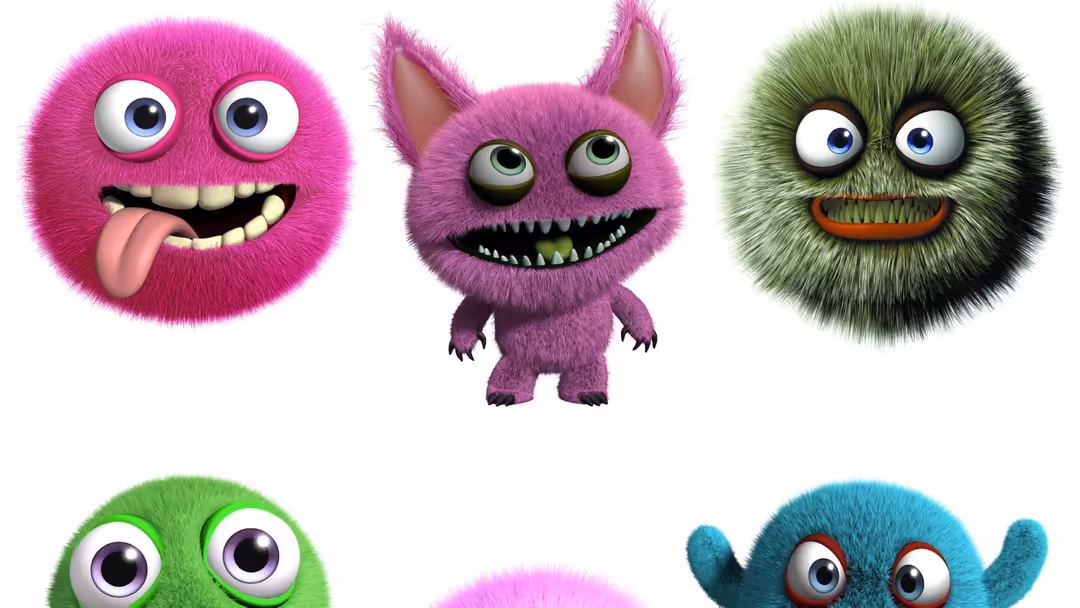Five adorable fluffy monsters with big expressive eyes in pink, purple, green, and blue colors, displaying playful and cheerf